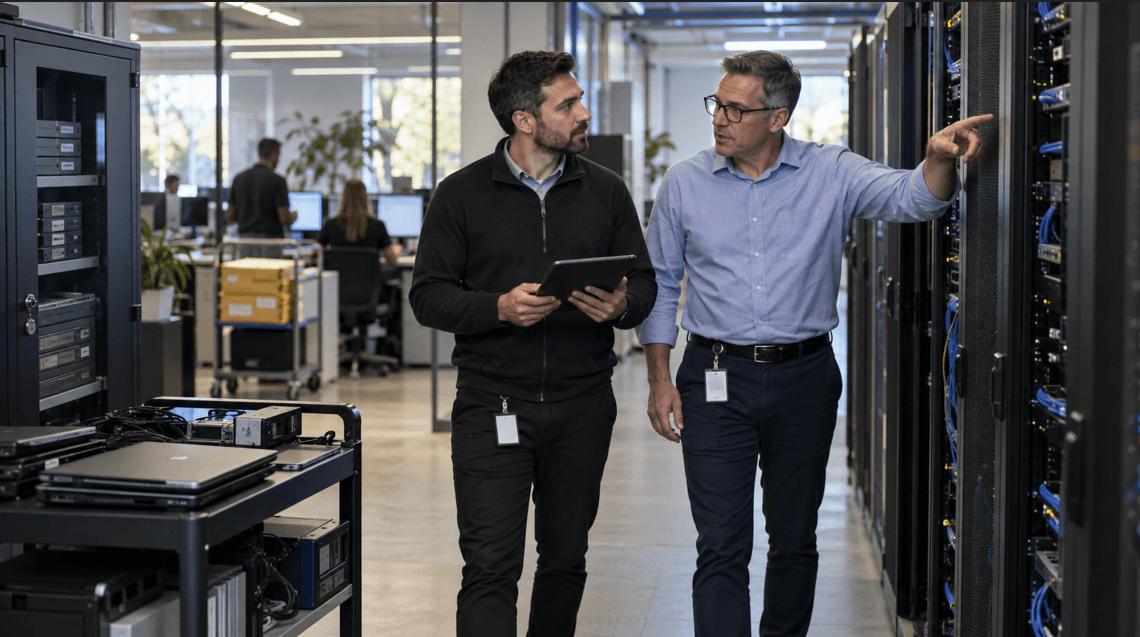 An MSP security engineer and client IT manager reviewing infrastructure to identify security, backup and recovery service gaps.