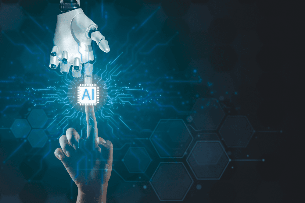 AI and human index fingers touch, sparking energy.