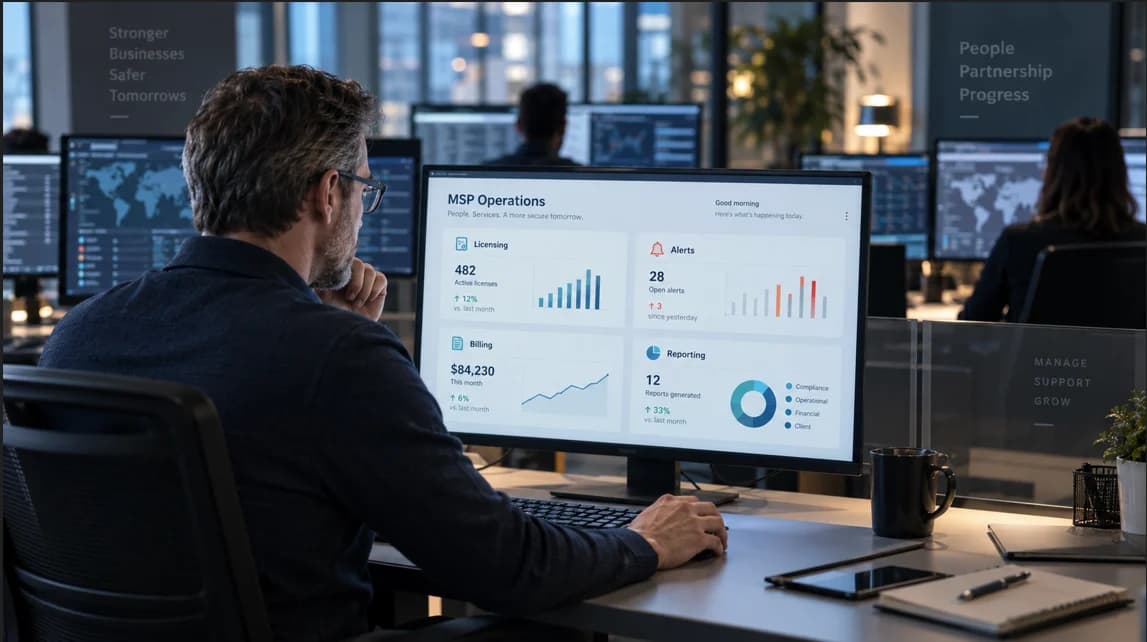 An MSP service manager uses one central operations dashboard while multiple disconnected security consoles fade into the background.