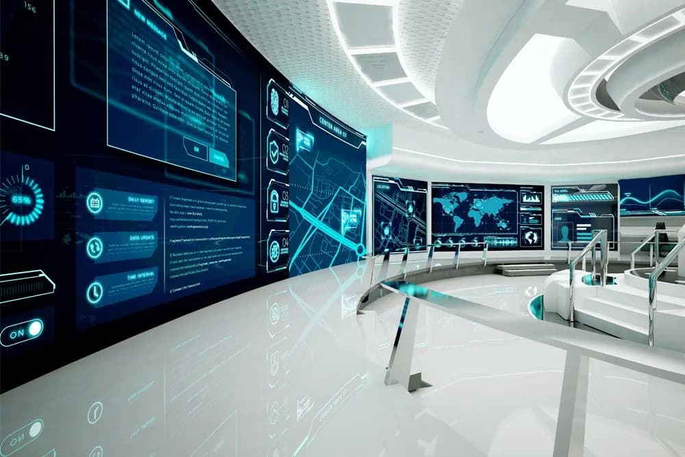 Modernistic, stylized image of a sleek command center or war room.