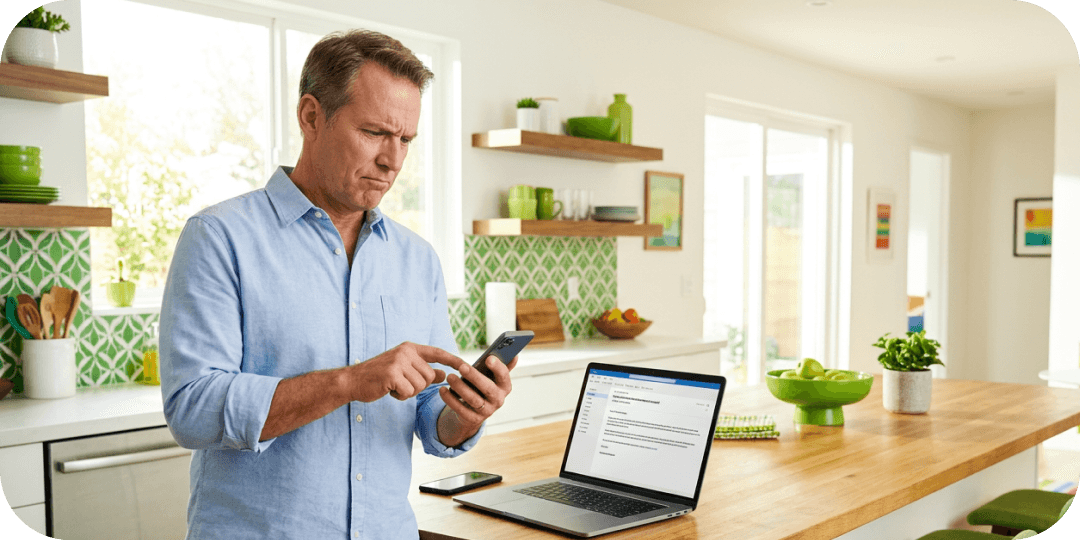 Man views mobile phone with a perturbed look on his face.