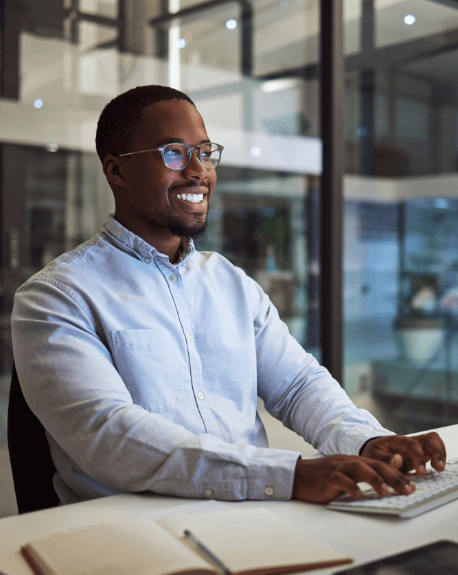 Man working on computer.