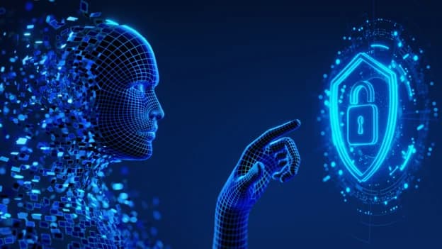 Digital representation of artificial intelligence interacting with a cybersecurity shield, illustrating AI security, governance and risk management.