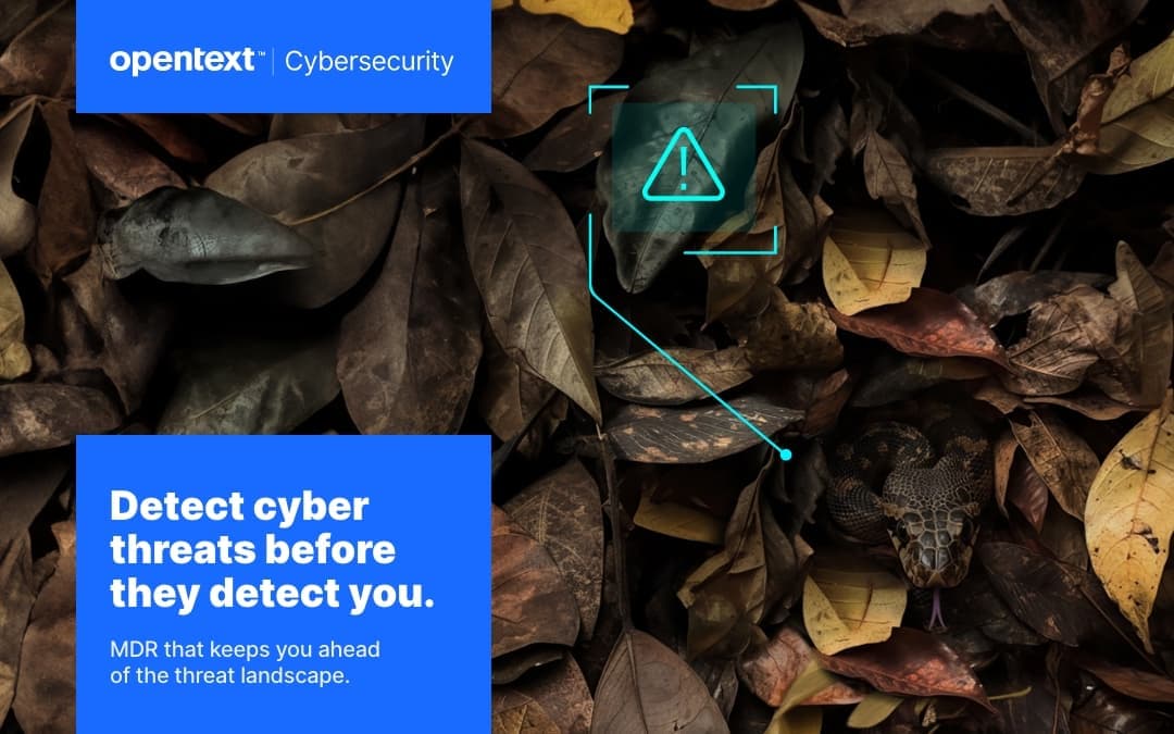 Photo of snake in some brush with these words: OpenText MDR detects cyber threats before they detect you.