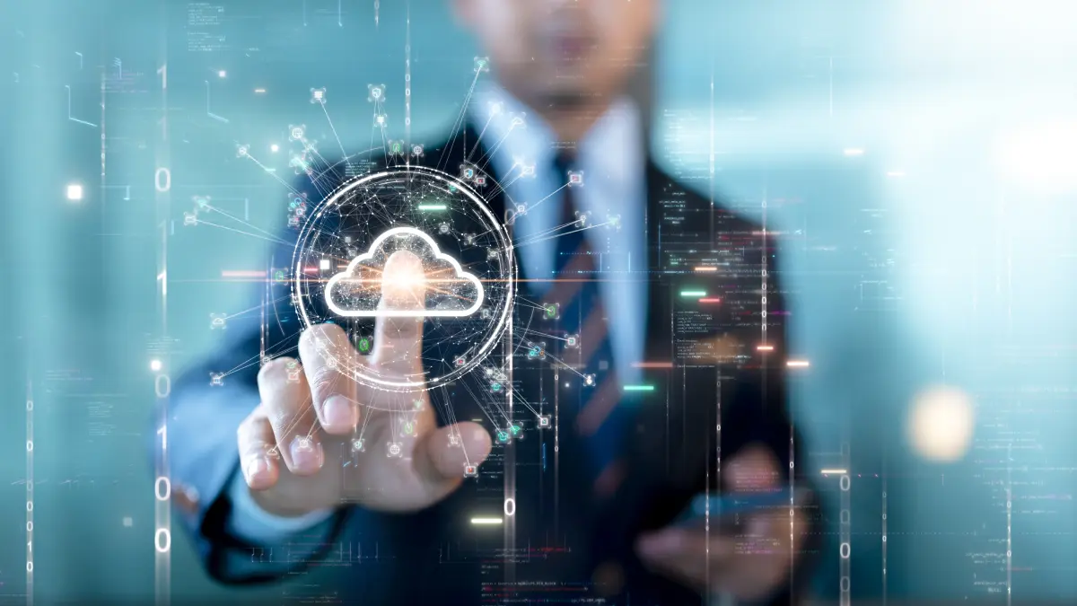 Color photo illustration of man in suit touching digital schematic.