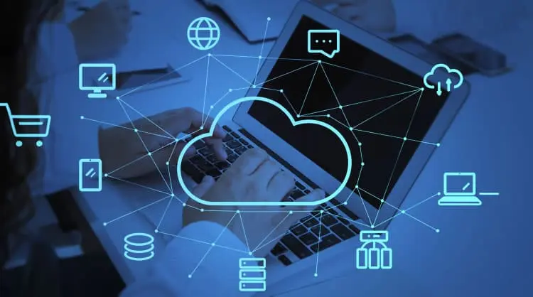 Color photo illustration of digital cloud interacting with a laptop PC.