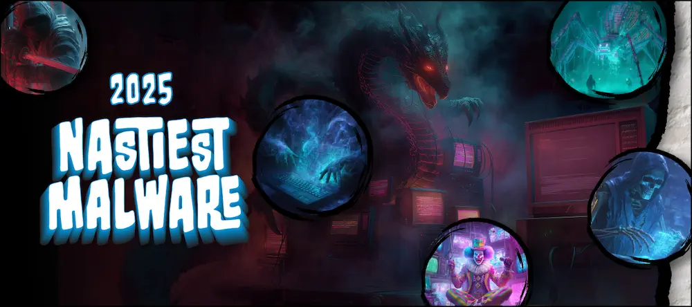 Color illustration of malware with the title 2025 Nastiest Malware.