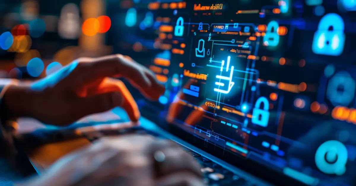 Hands typing on a computer keyboard as digital locks displays on the monitor.