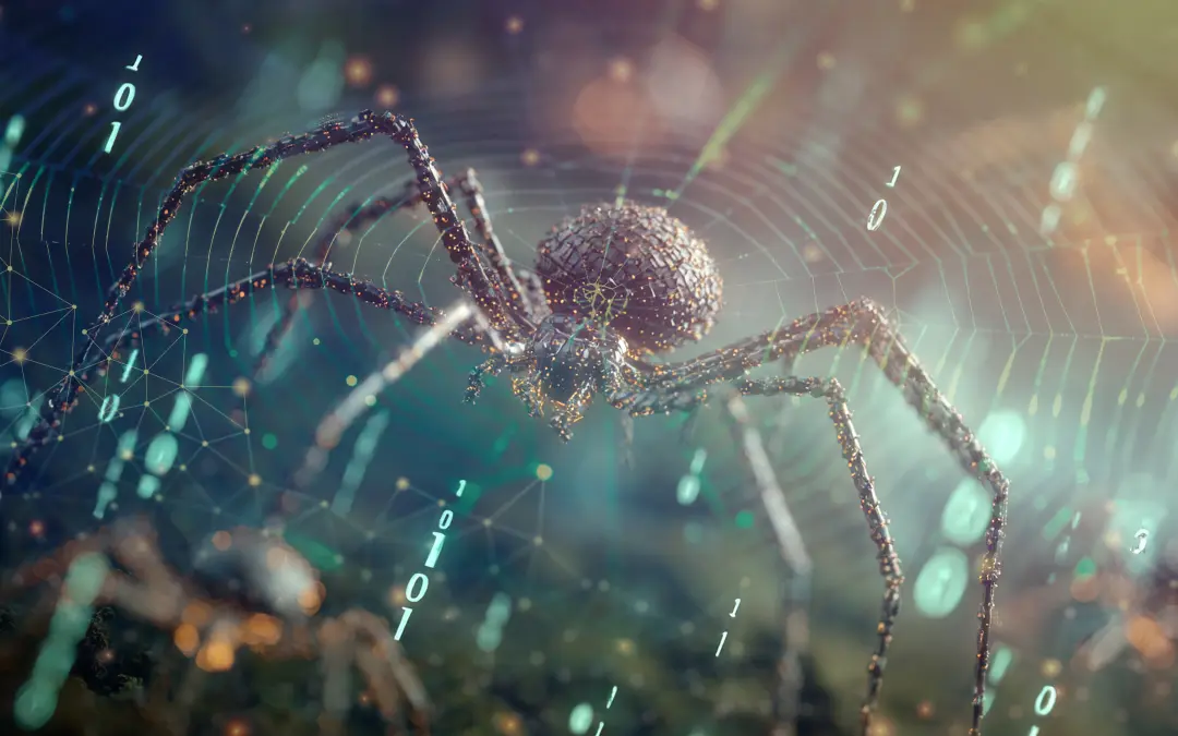 Color illustration of spider in web.