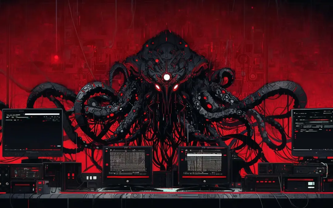 Color illustration of octopus smothering computers.