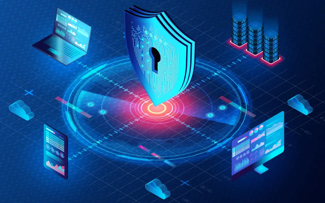 Color illustration of a digital lock surrounded by computers and devices.