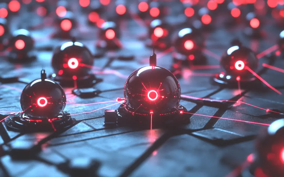 Color photo illustration of swarm of glowing glass orbs representing botnets.
