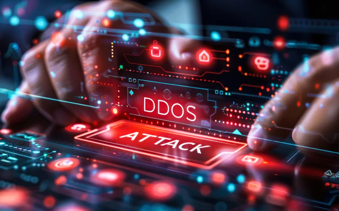 Color photo illustration of a hands typing digital code with the words: DDOS ATTACK.