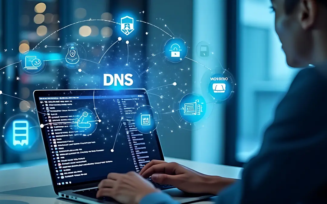 Color illustration of person working on laptop PC within a digital cloud.