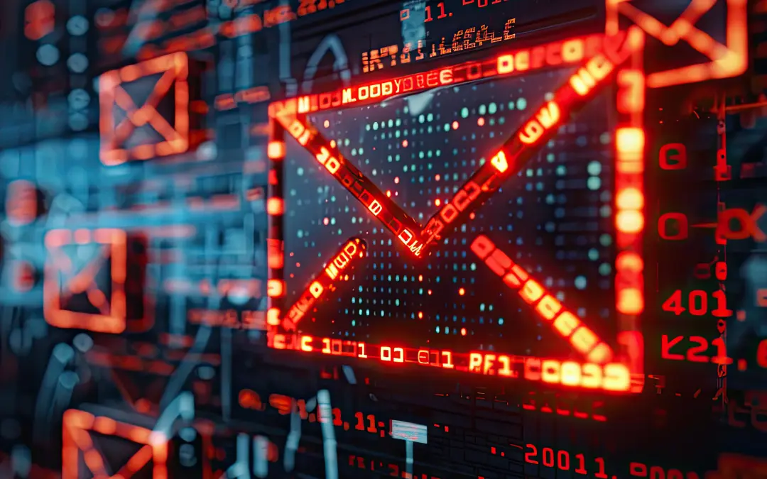 Color illustration of digital envelope surrounded by coding.