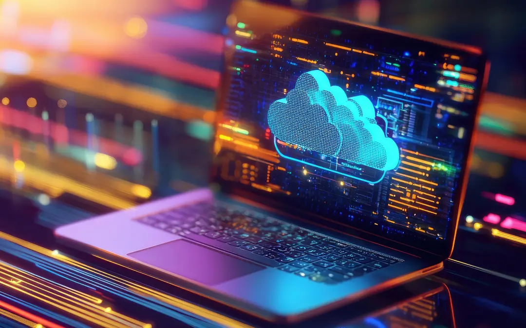 Laptop PC displaying digital cloud on the screen