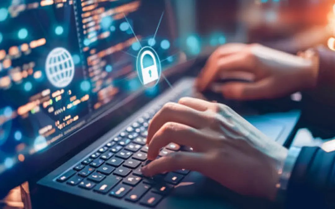 Color photo illustration of hands typing on a laptop keyboard, surrounded by a cloud of digital code.