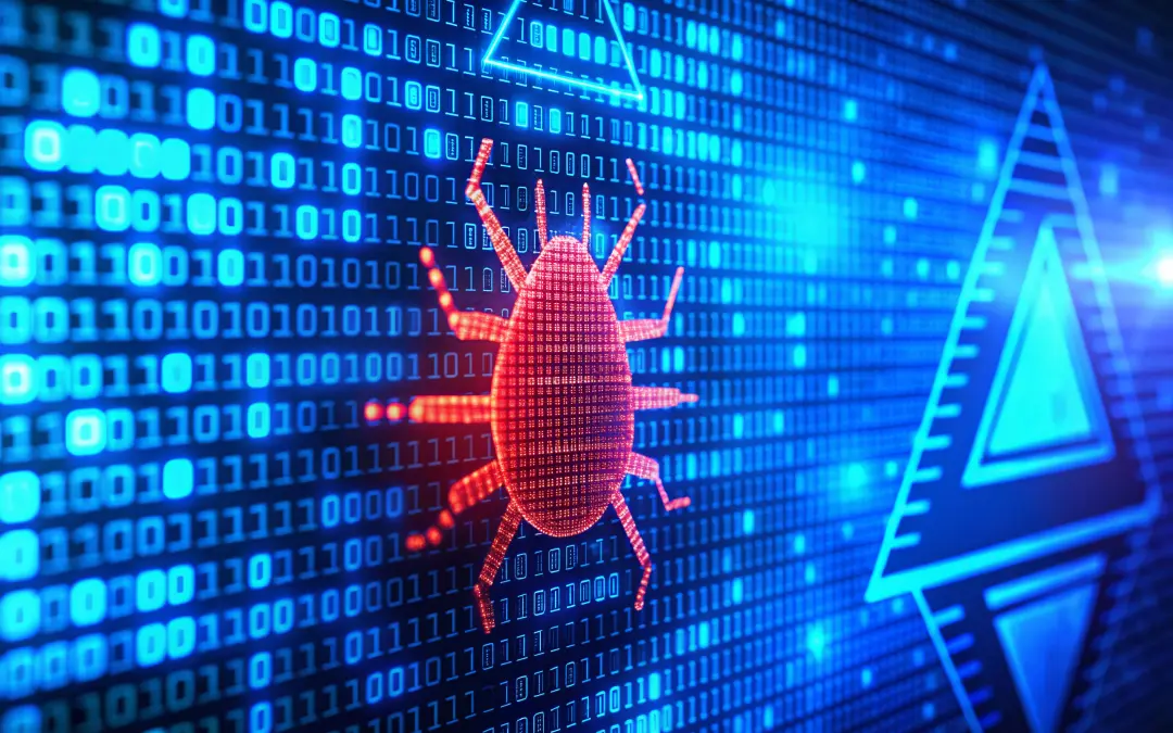 Color illustration of bug crawling among digital code.