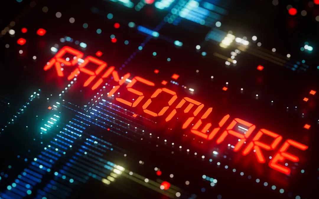 Color illustration of digital code with the label "Ransomware."