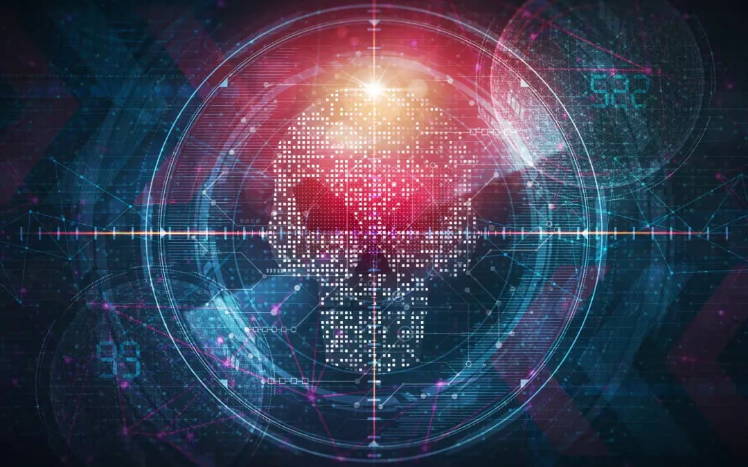 Color illustration of skull and digital code.