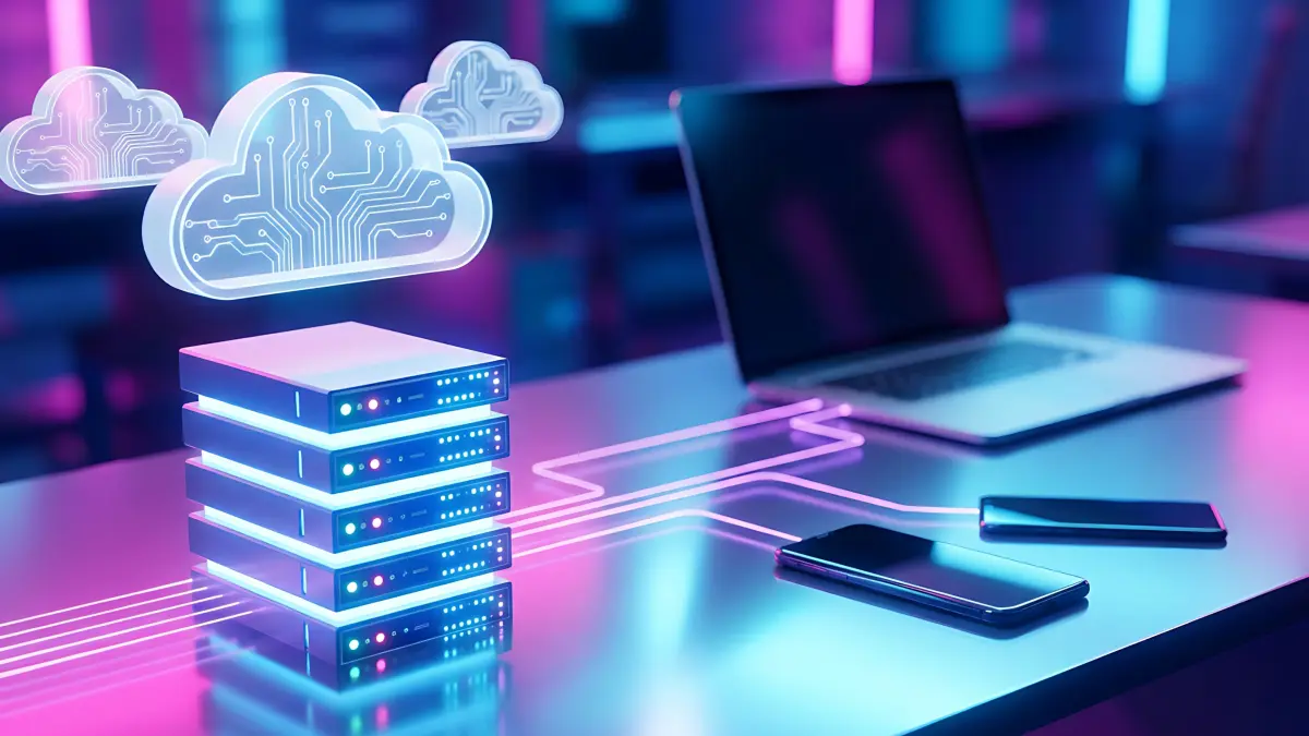 Color illustration of mobile devices connecting to servers and a digital cloud.