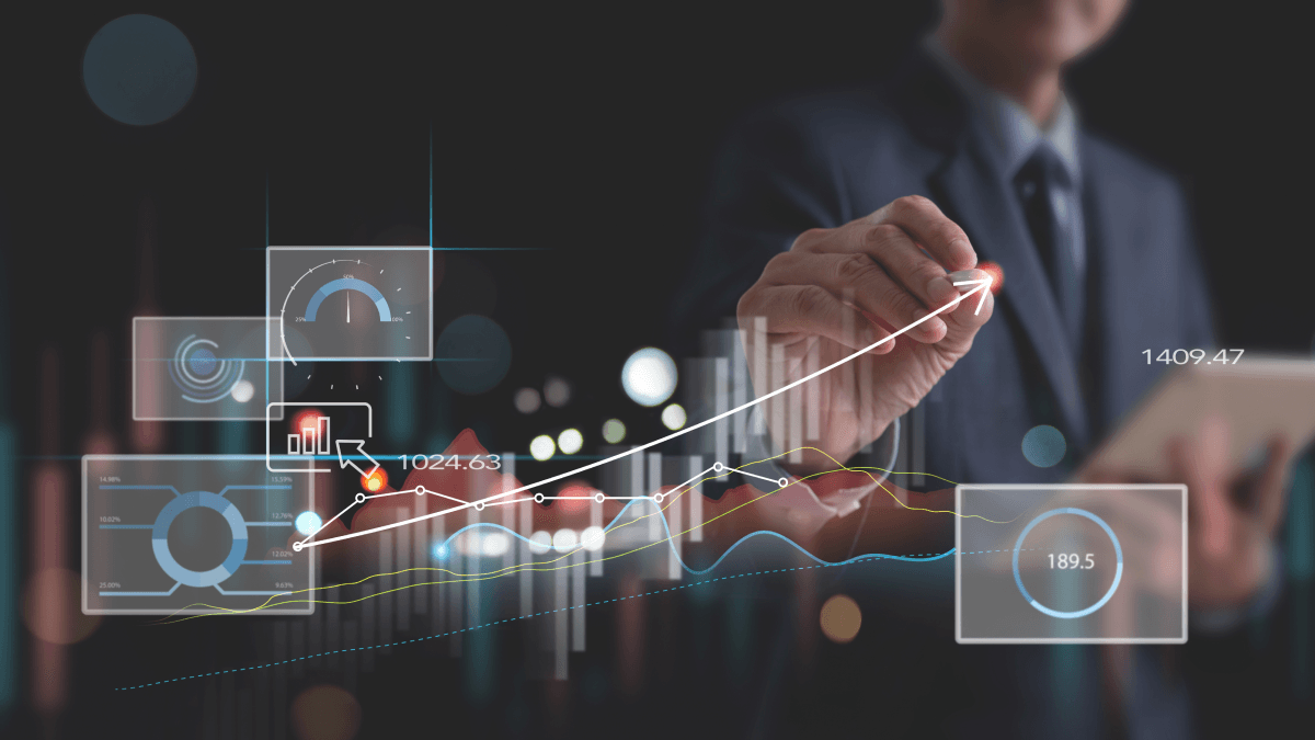 Business professional drawing an upward growth line on a transparent digital interface with data charts, performance metrics, and analytics icons, symbolizing rising revenue and success.