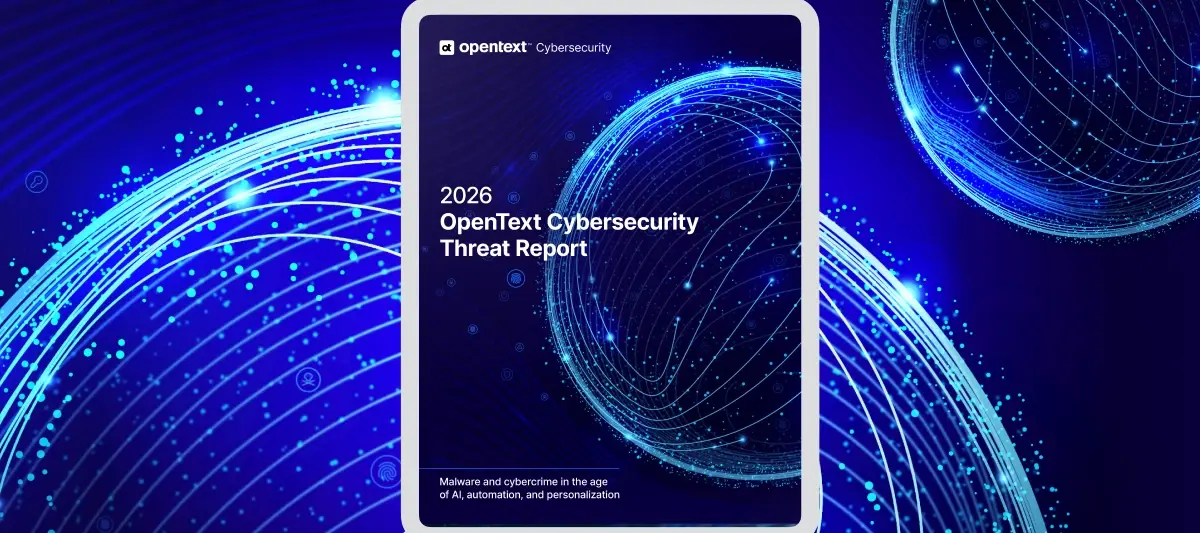Illustration with this title: 2026 OpenText Cybersecurity Threat Report.