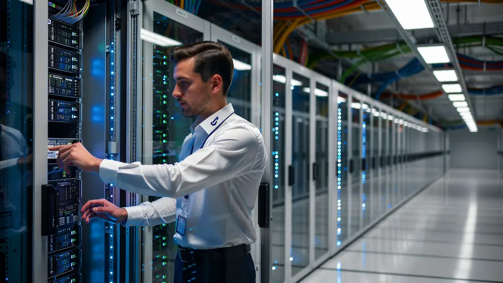 Photo of technician checking on rows of computer servers.