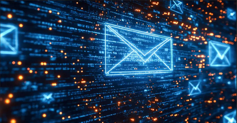 Color illustration of email icons racing across digital background.