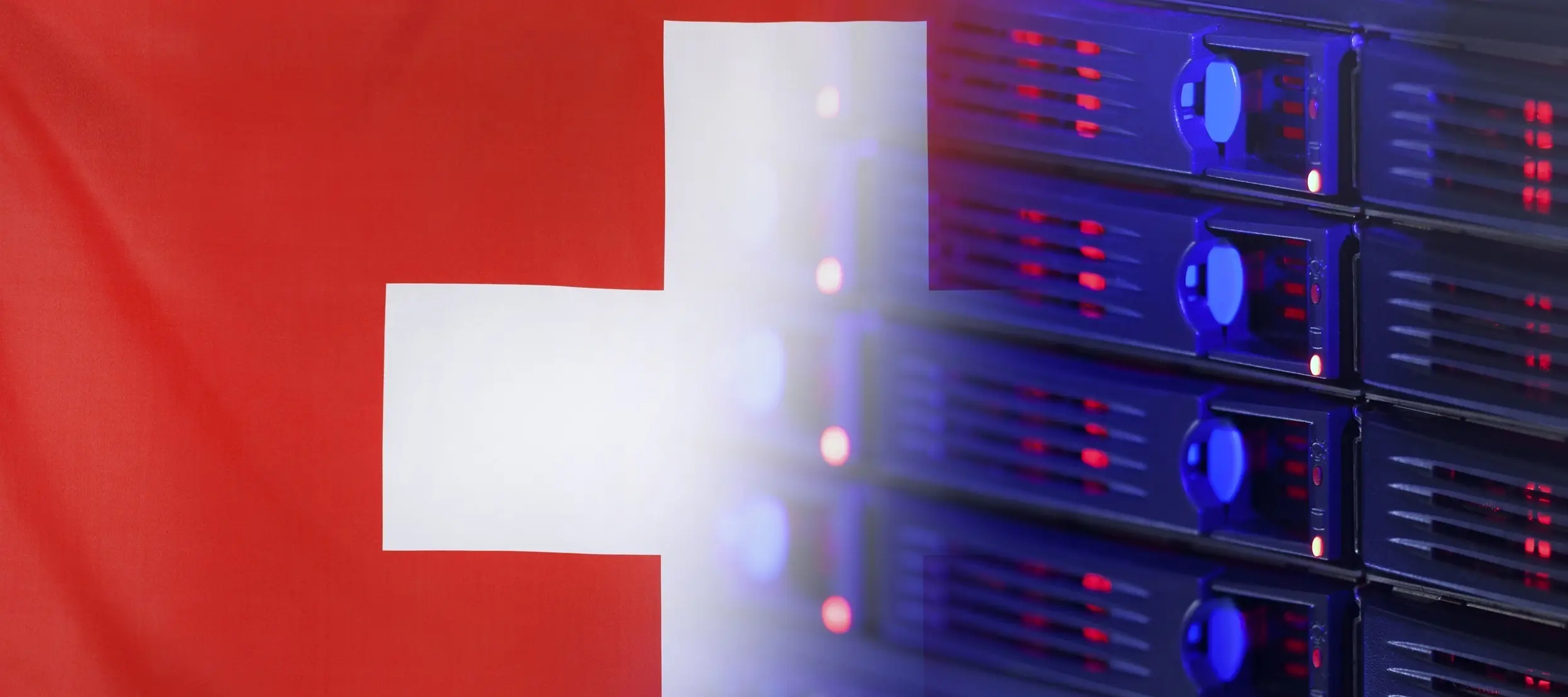 Color illustration of Swiss flag and stack of computer servers.