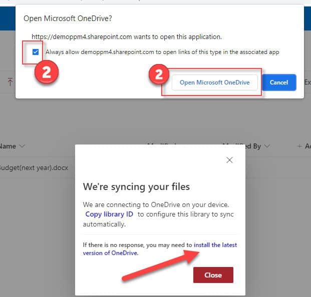 SharePoint file sync to OneDrive with setup prompts