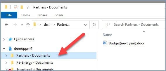 SharePoint "Partners - Documents" folder being browsed in Windows Explorer