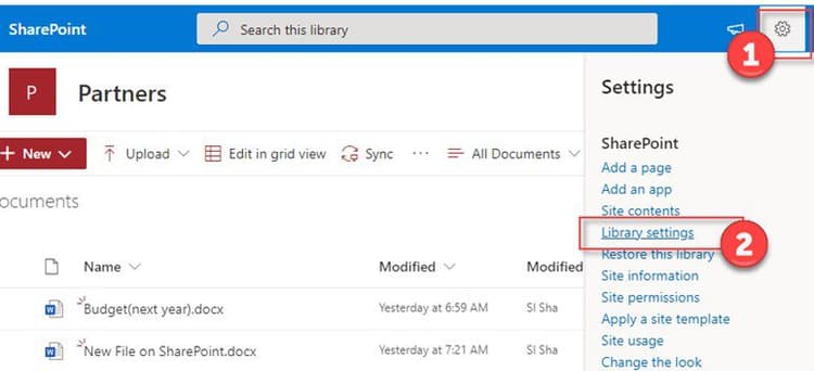 SharePoint library settings menu for version control backup