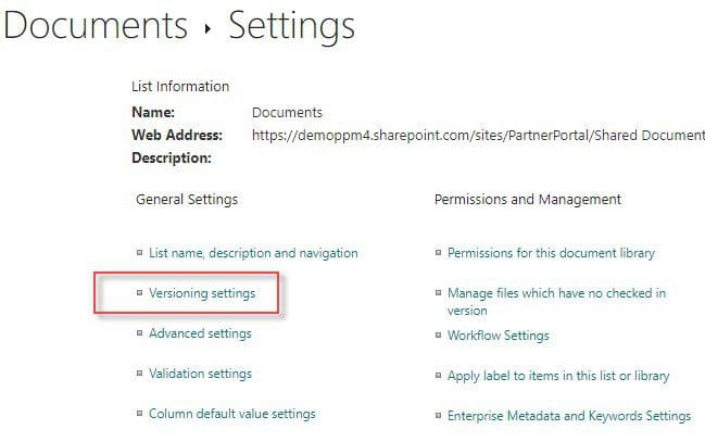 SharePoint document library versioning settings configuration