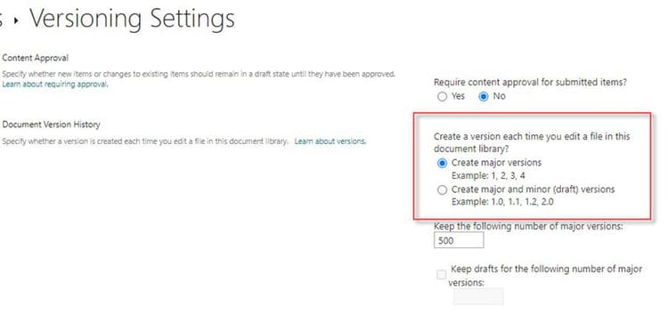 SharePoint versioning settings for document libraries
