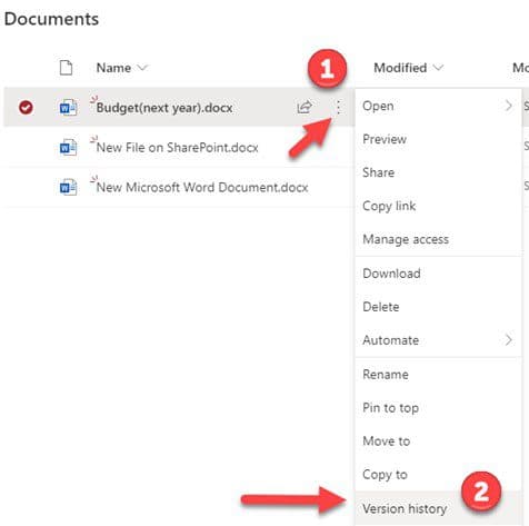 SharePoint document version history access and backup