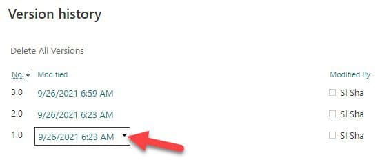 SharePoint version history with date, time, and modifier