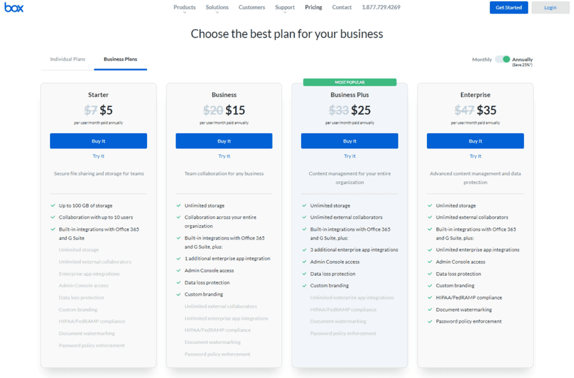 Box business plans comparison: Starter, Business, Business Plus, Enterprise