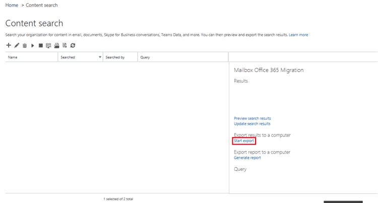 Microsoft Purview Content Search: Start mailbox export to PST