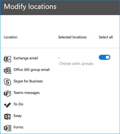 Office 365 locations selection for backup: Exchange, Teams, and more