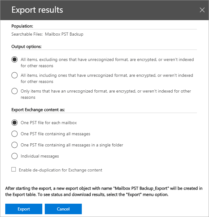 Microsoft 365 mailbox export options to PST files