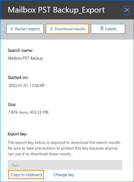 Exchange Online mailbox PST export download results and key