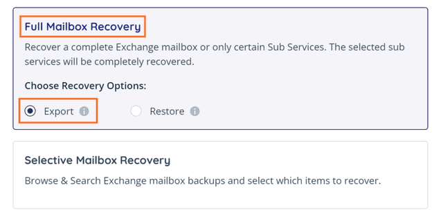 Microsoft 365 Exchange full mailbox recovery export option selected
