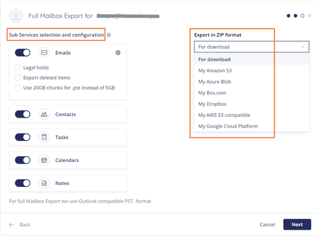 Microsoft 365 mailbox export configuration: select data and export format