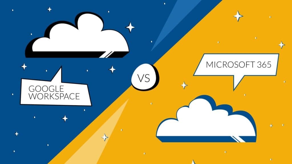 Google Workspace vs Microsoft 365 comparison with cloud graphics