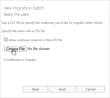 Select CSV file for new migration batch to specify mailboxes