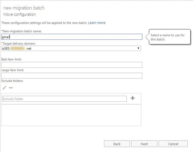 Configuring a new migration batch from G Suite to Office 365