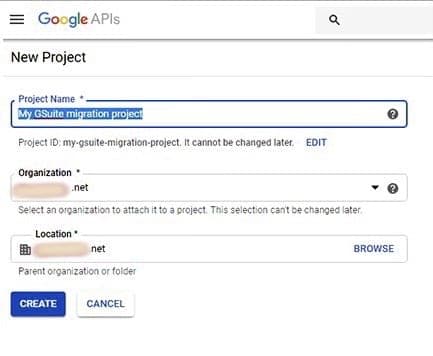 Creating a new Google Cloud project for G Suite migration