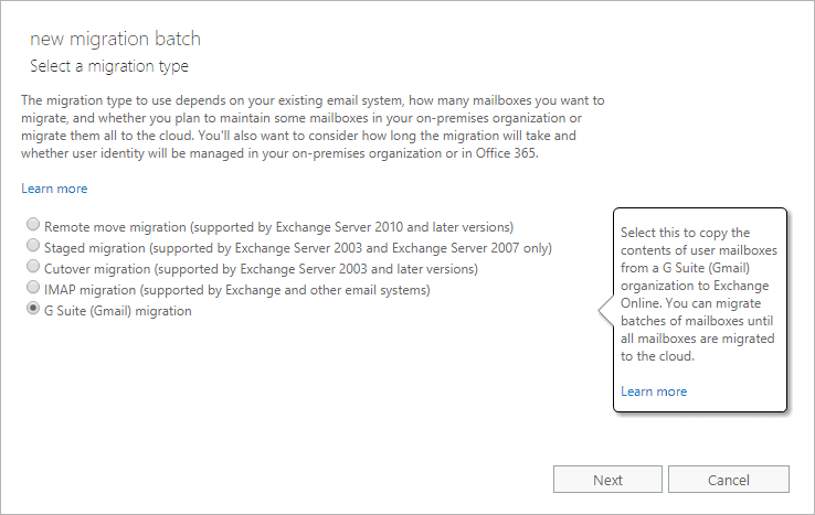G Suite Gmail migration selected for Office 365 migration batch