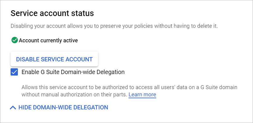 Google Workspace service account status and domain-wide delegation settings